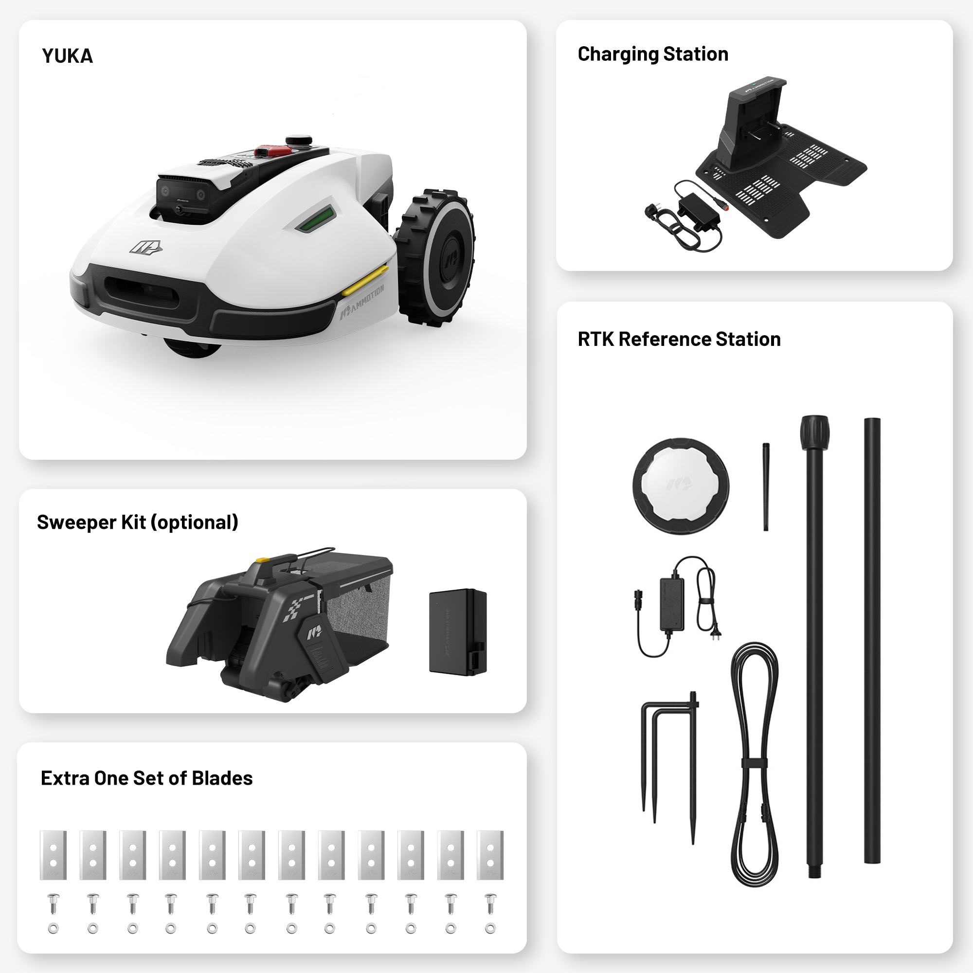 Mammotion YUKA robot lawn mower set with main unit, extra blades, charging station, sweeper kit and RTK reference station