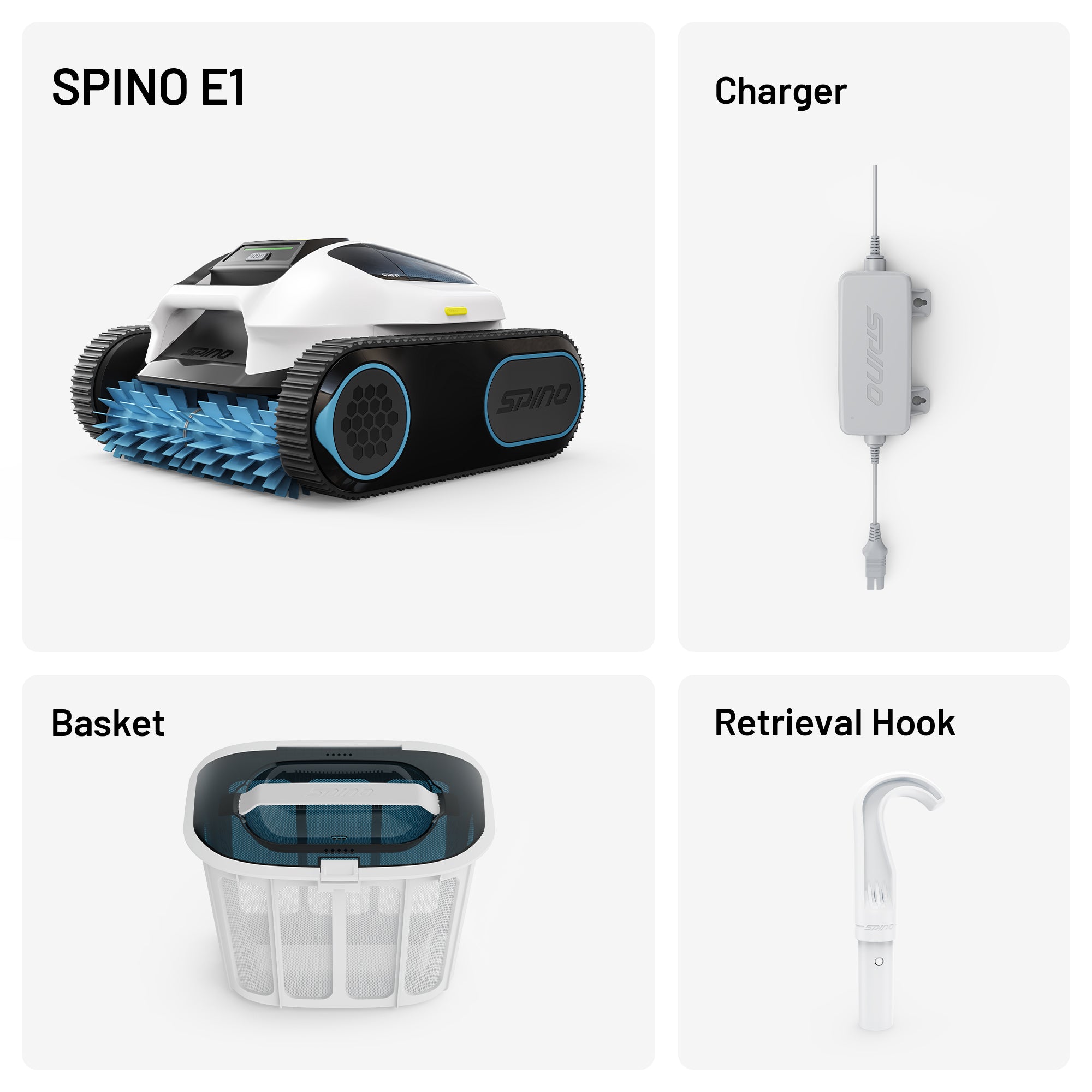Mammotion SPINO E1 robotic pool cleaner set including main unit, charger, basket, retrieval hook