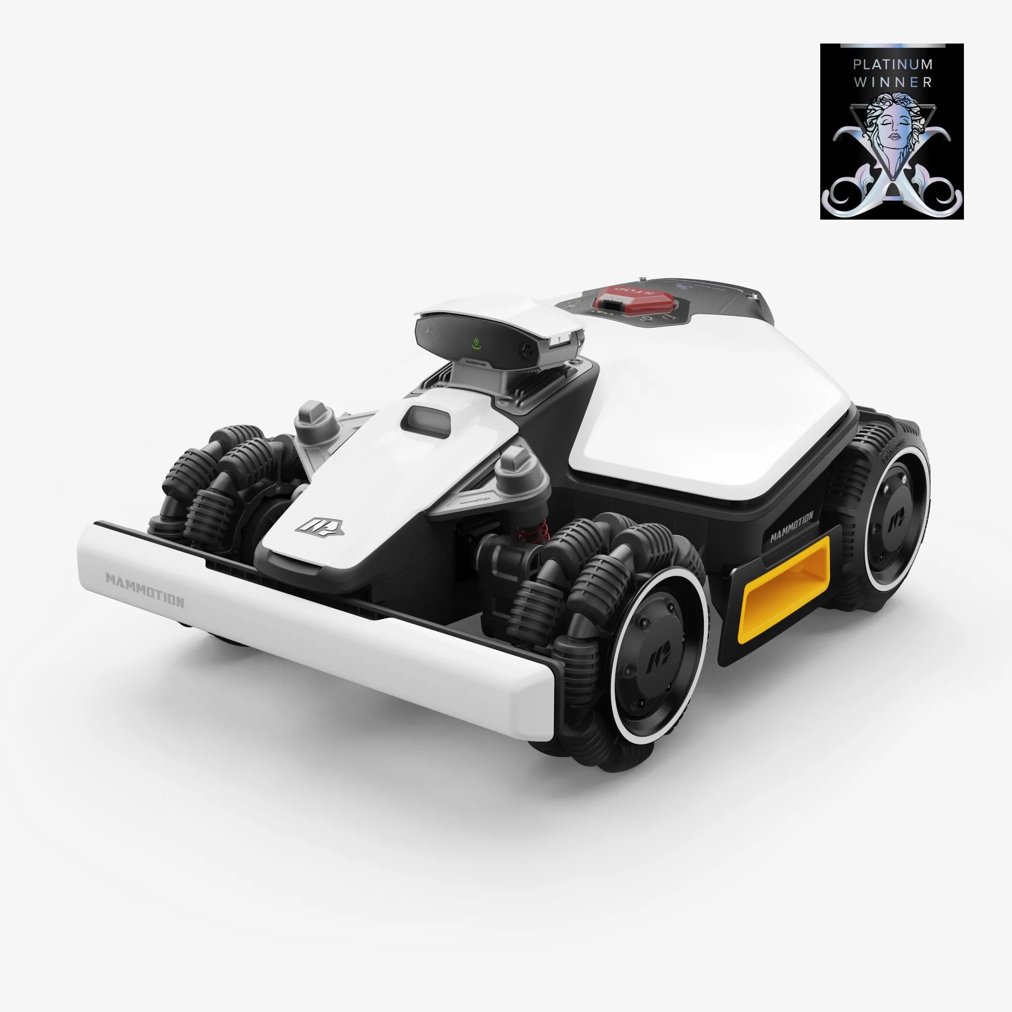 Mammotion LUBA mini AWD robot lawnmower in a 45-degree side view with the Platinum Winner badge