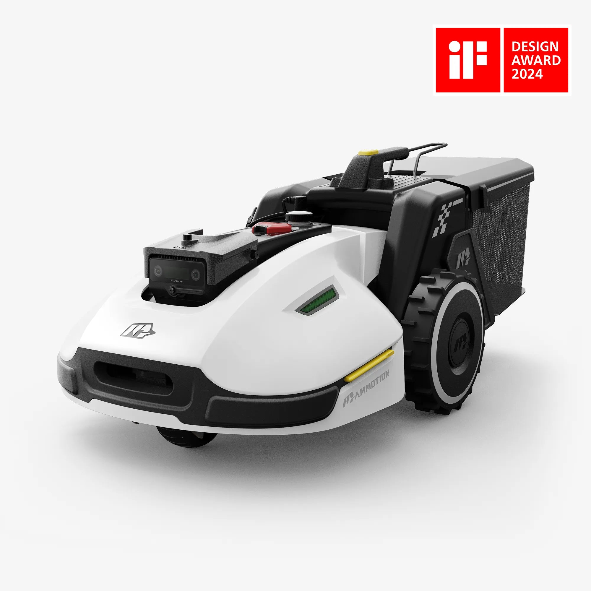 Mammotion YUKA robot lawn mower with sweeper kit in a 45-degree side view featuring the iF Design Award 2024 badge