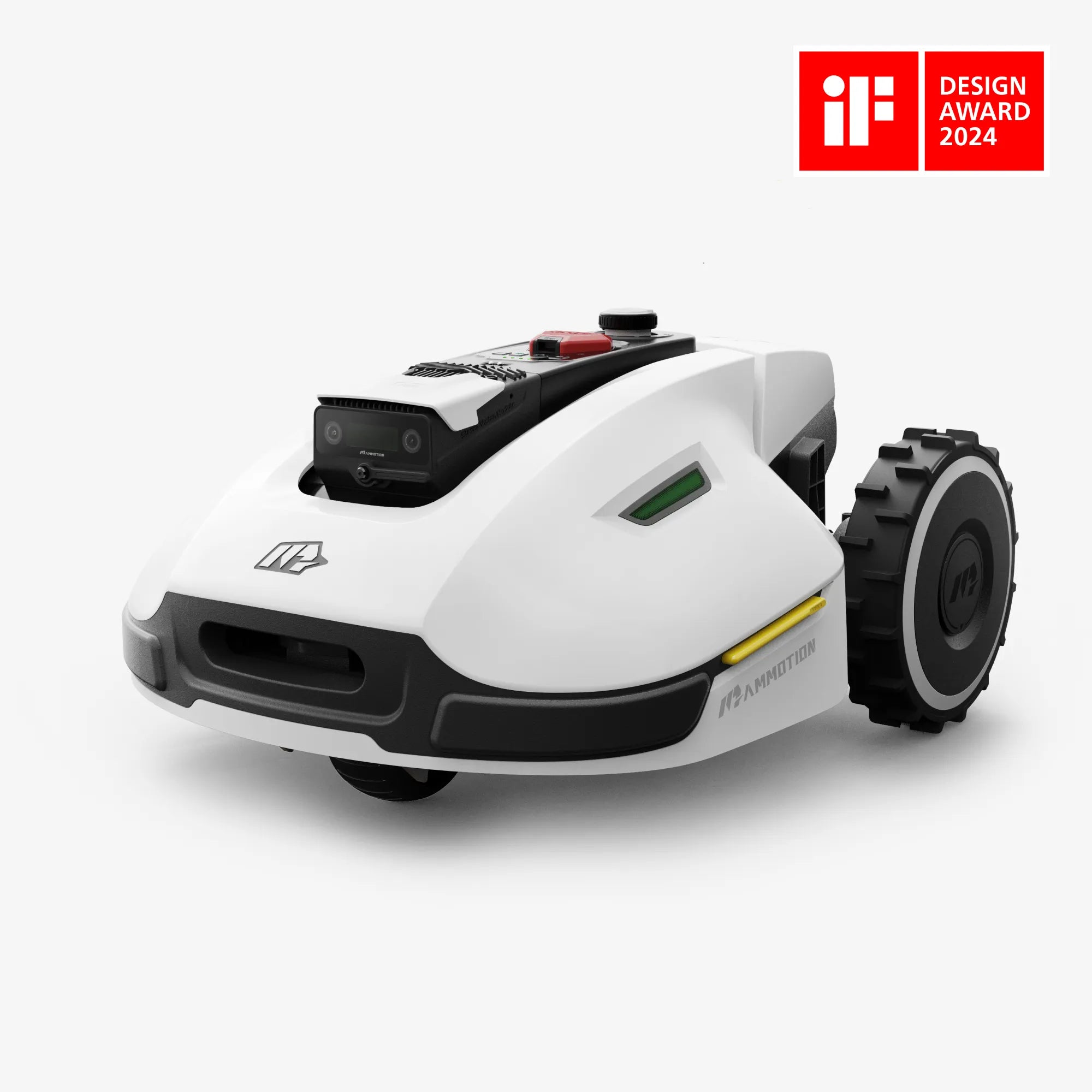 Mammotion YUKA robot lawn mower in a 45-degree side view with the IF Best Design Award 2024 badge