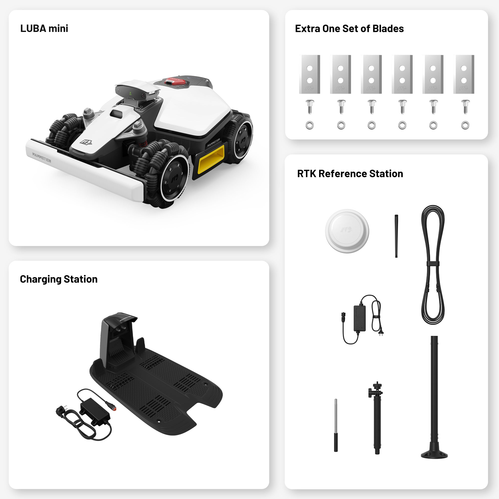Mammotion LUBA Mini AWD robot lawn mower set with main unit, extra blades, charging station, and RTK reference station