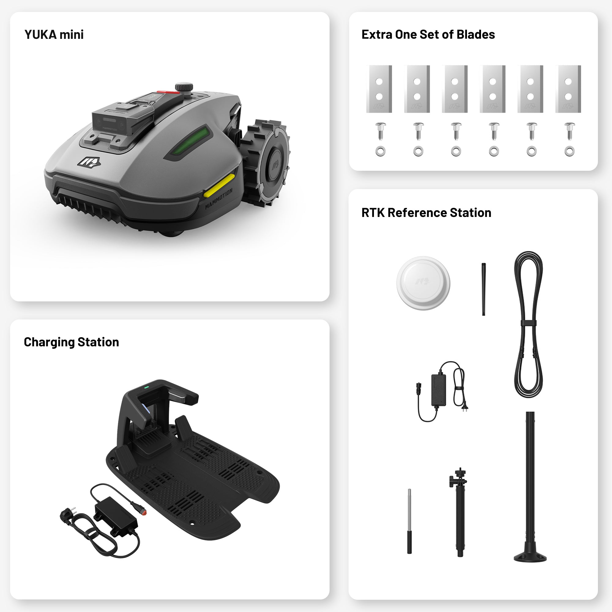 Mammotion YUKA mini robot lawn mower in black set with main unit, extra blades, charging station and RTK reference station