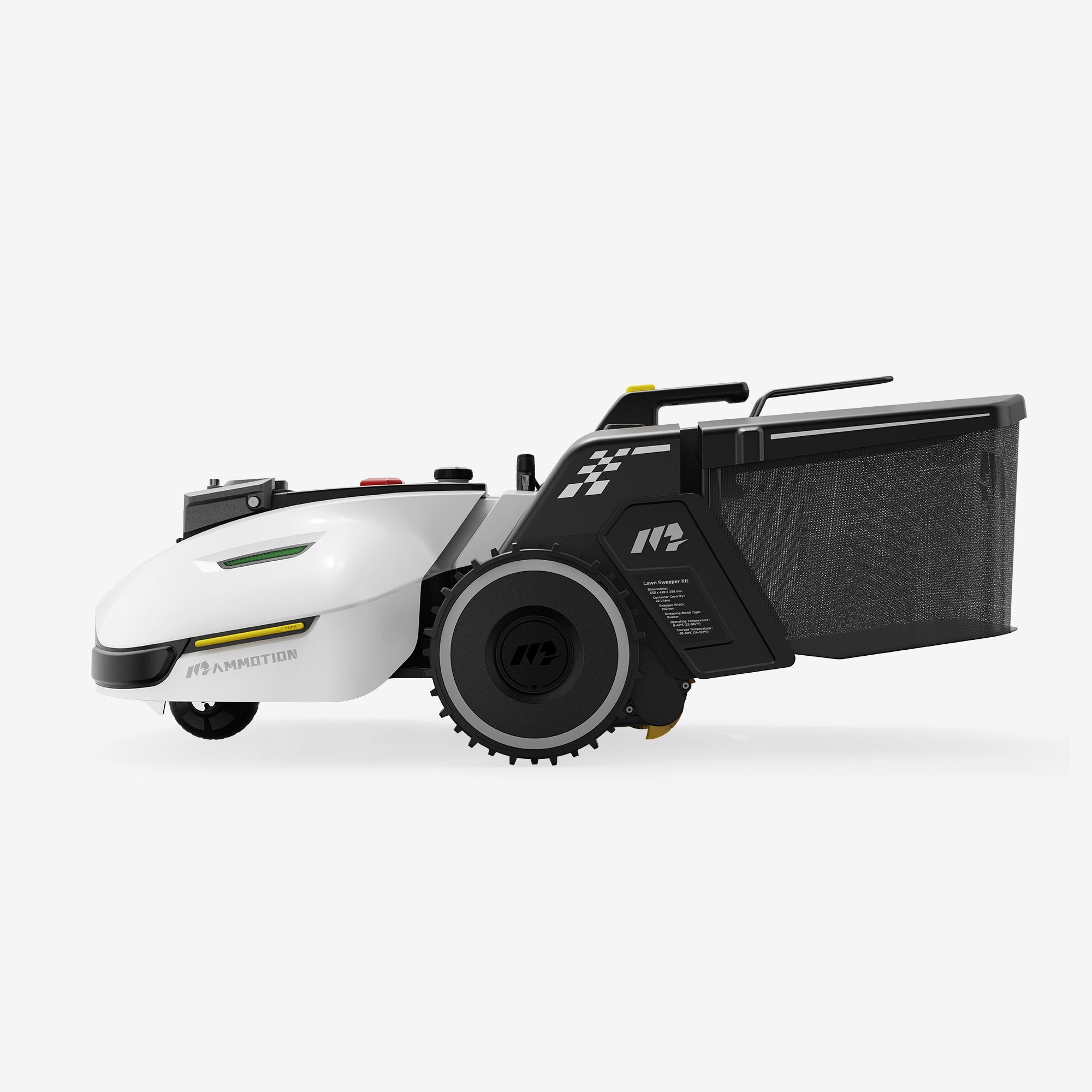 Mammotion YUKA robot lawn mower with sweeper kit straight side view