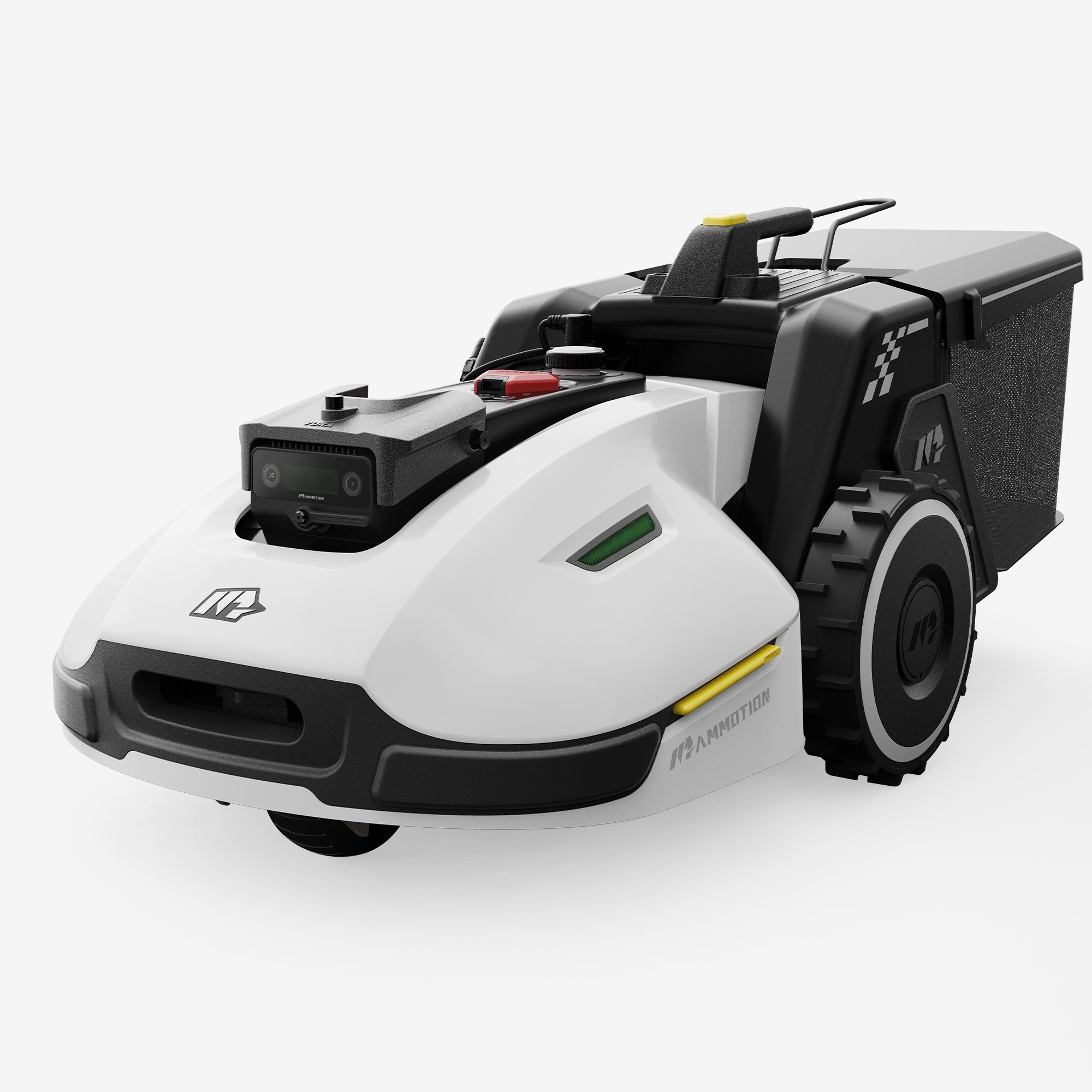 Mammotion YUKA robot lawn mower with sweeper kit in a 45-degree side view