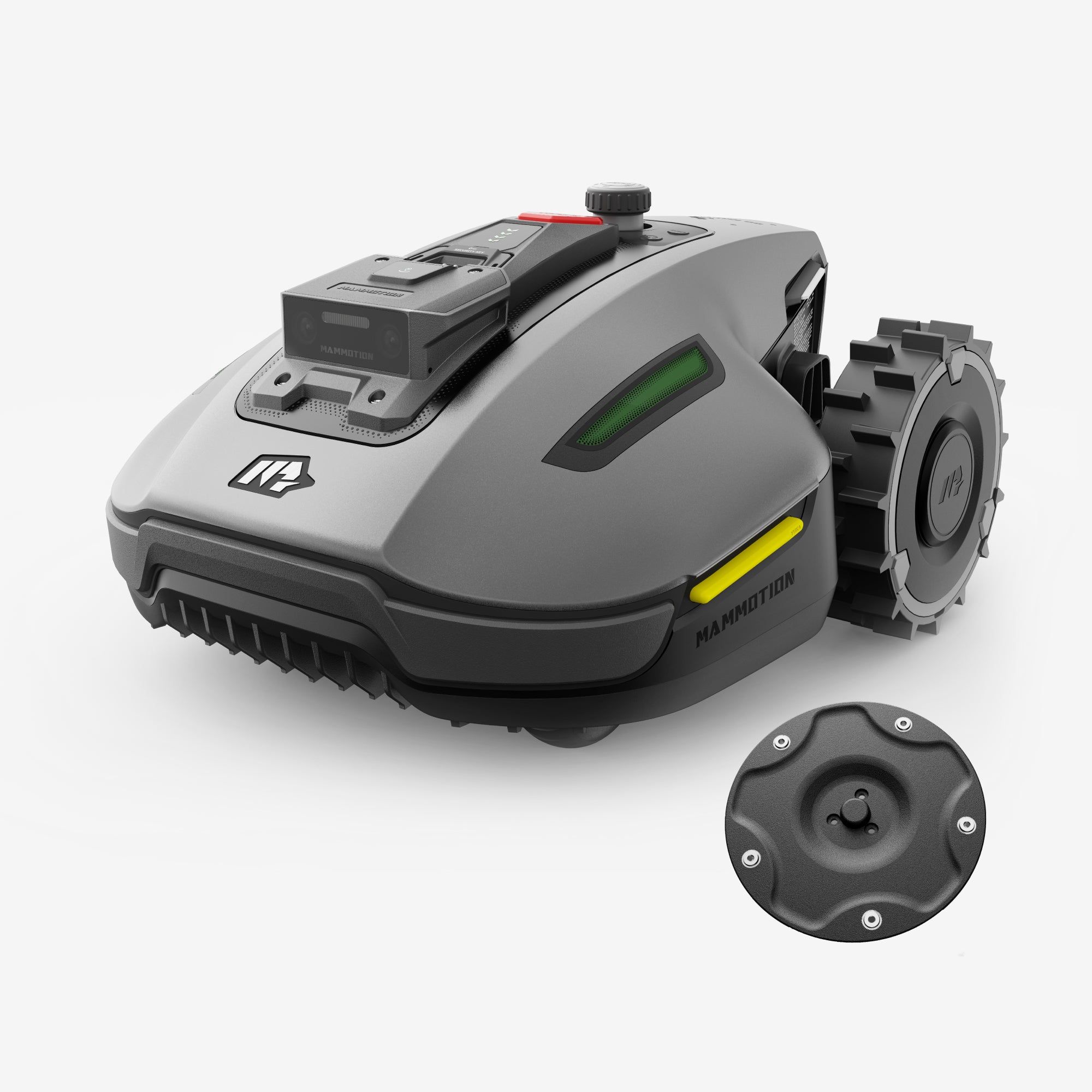 Mammotion YUKA Mini robot lawn mower in a straight side view in black with a cutting disc